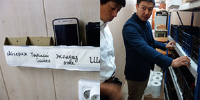 [left] Creating places to leave mobile phones have been helping employees not to touch them during work hours. [right] Improved ingredient storage, following the example of the companies visited in Japan.
