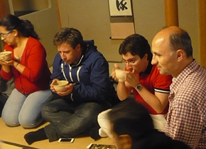 Programs to experience Japanese culture were held on the weekends, including this tea ceremony in Uji, Kyoto. Sitting cross-legged, the participants are served powdered green tea.