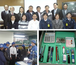 (上)研修員と一緒に記念撮影。 (下左)工場内を見せていただき、3Sの取り組みを学びます。 (下右)3Sの事例。