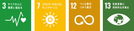 SDGs：3すべての人に健康と福祉を 7エネルギーをみんなにそしてクリーンに 12つくる責任つかう責任 13気候変動に具体的な対策を